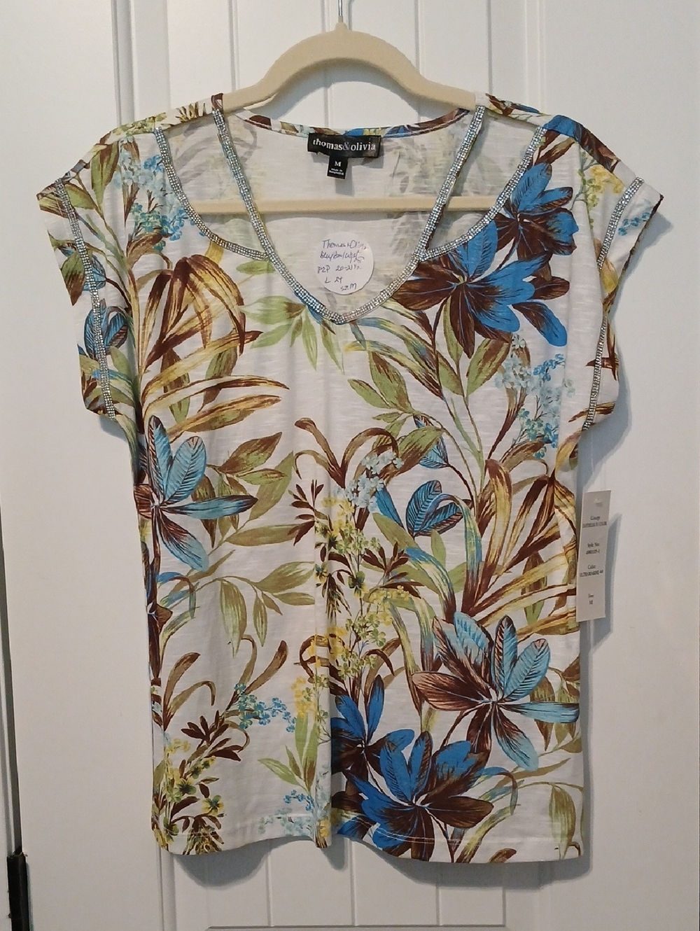 Thomas & Olivia Floral Cap-Sleeve V-Neck Top in White/Blue/Brown
